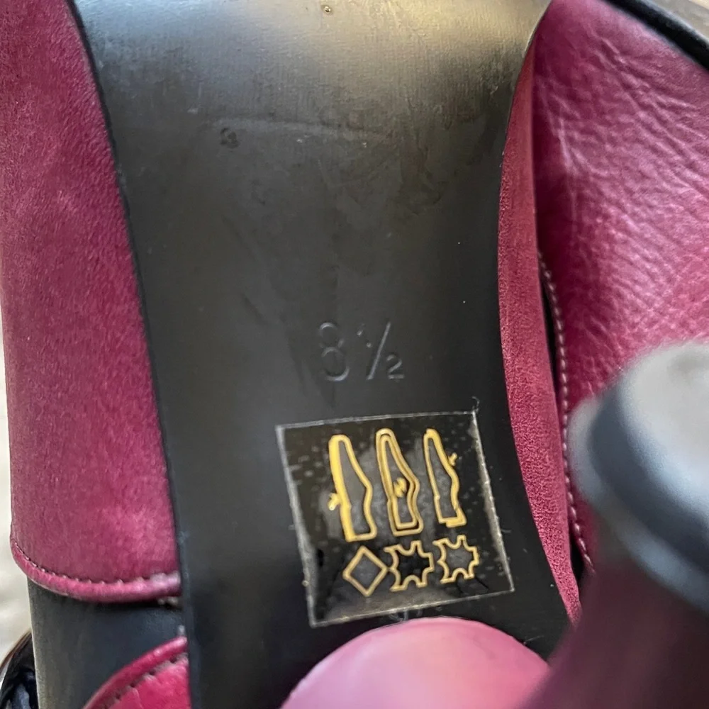 John Fluevog BELLEVUE PEARL HART CRISS-CROSSED MARYJANE HEEL Wine & black sz 8.5 - Picture 10 of 12